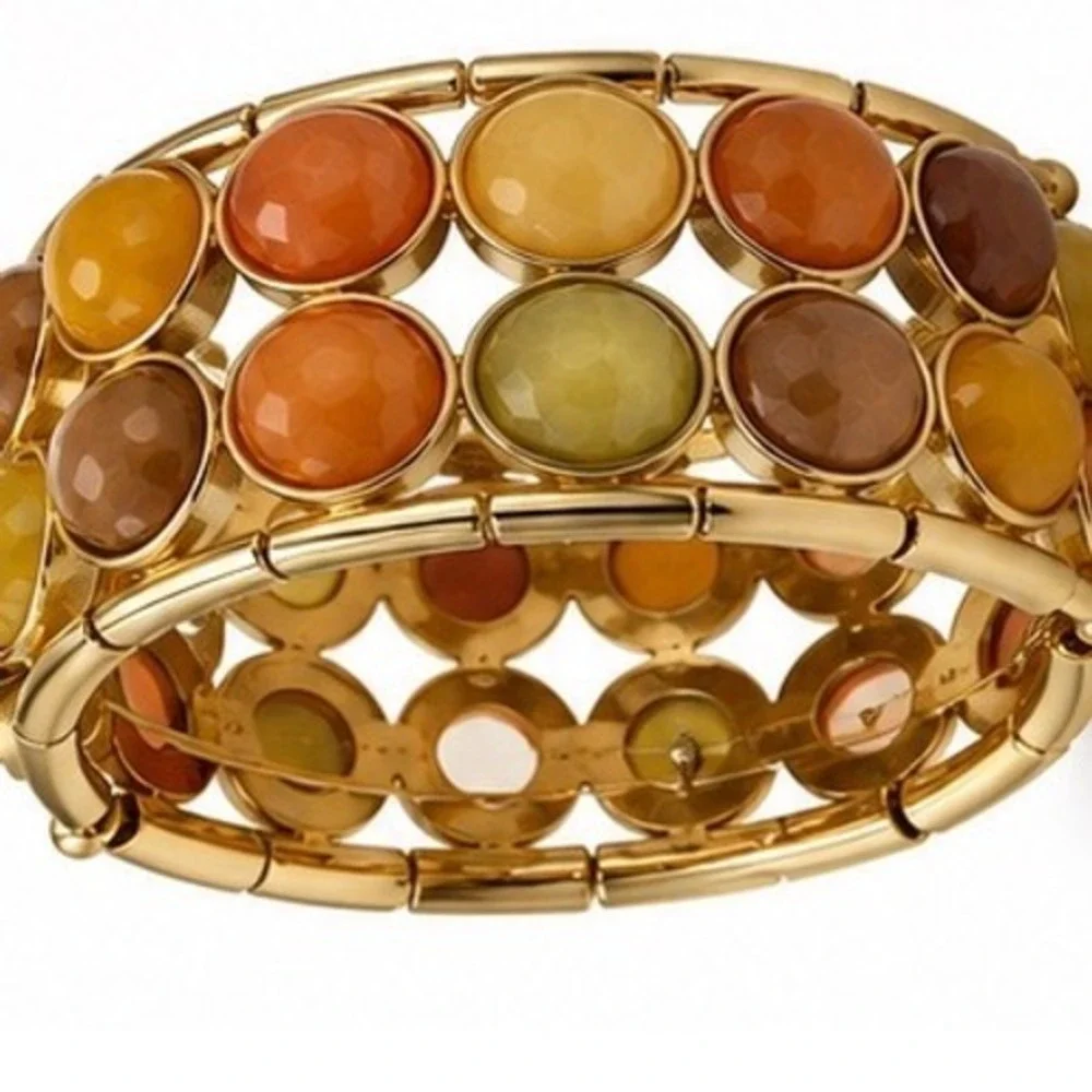 Gold Tone  Double Row Faceted Resin Cabochon  Stretch Cuff Bracelet Autumn Tones